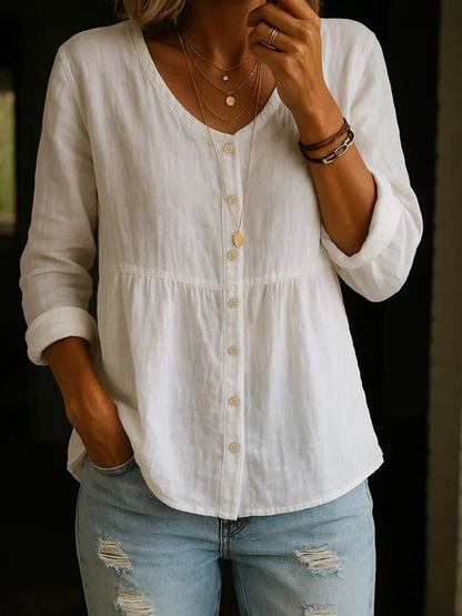 Damska Letnia Casual Lniana Bluzka V-Neck