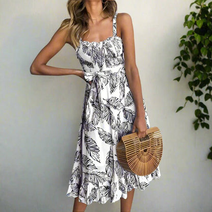 Damska Letnia Casual Wzorzysta Na Ramiączkach Z Wiązaniem Sukienka Midi