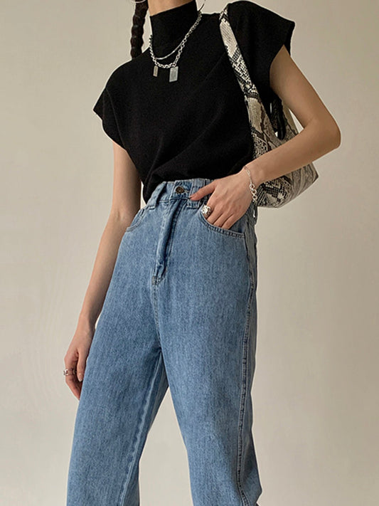 Damska Letnia Elegancka Dzianinowa Mock Neck Casual Bluzka