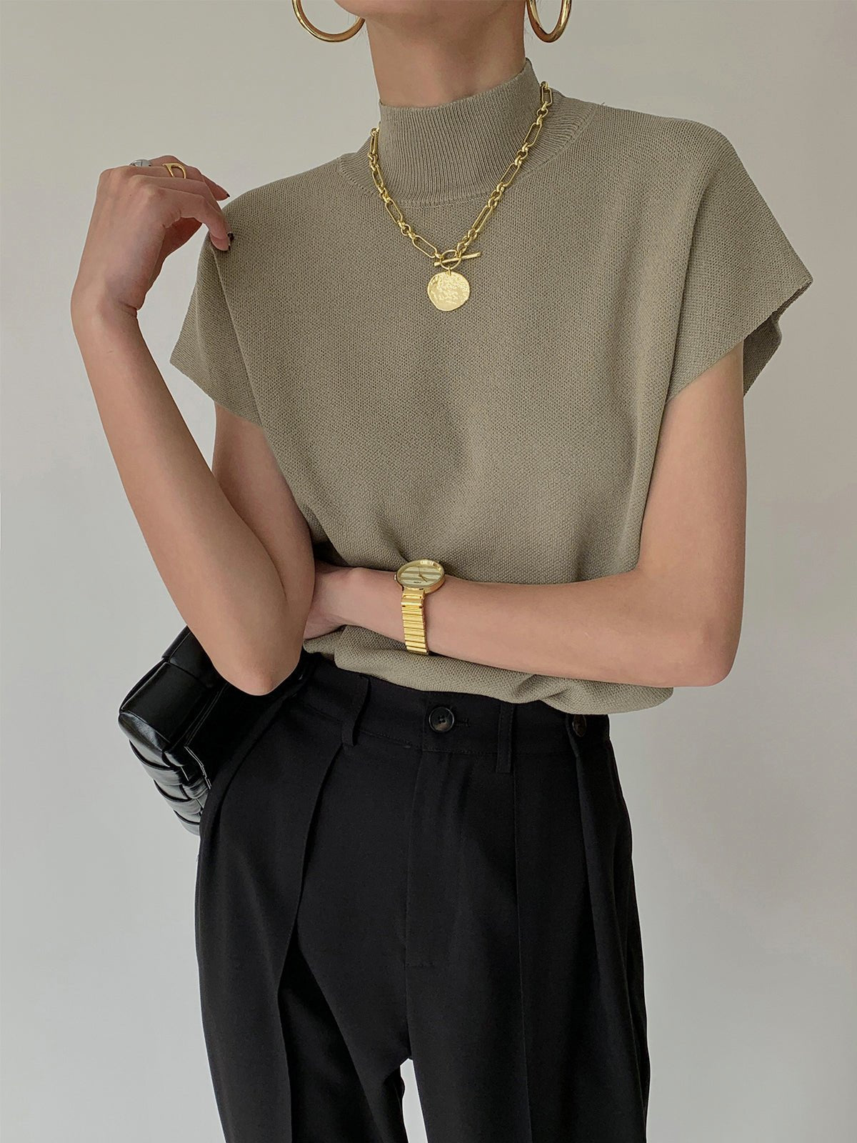 Damska Letnia Elegancka Dzianinowa Mock Neck Casual Bluzka