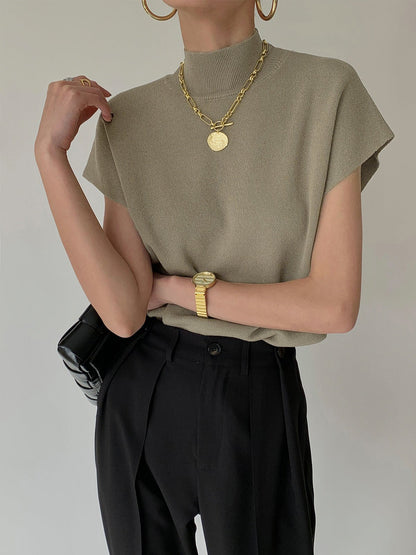Damska Letnia Elegancka Dzianinowa Mock Neck Casual Bluzka