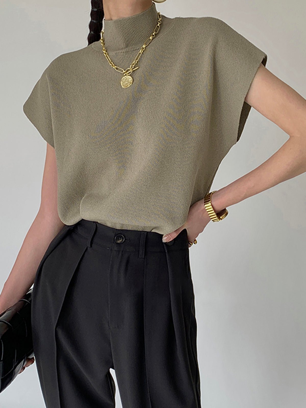 Damska Letnia Elegancka Dzianinowa Mock Neck Casual Bluzka