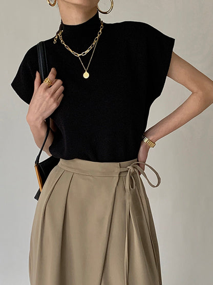 Damska Letnia Elegancka Dzianinowa Mock Neck Casual Bluzka