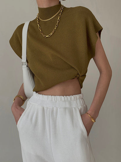 Damska Letnia Elegancka Dzianinowa Mock Neck Casual Bluzka