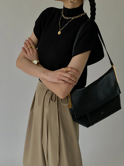 Damska Letnia Elegancka Dzianinowa Mock Neck Casual Bluzka