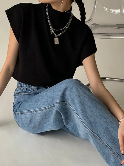 Damska Letnia Elegancka Dzianinowa Mock Neck Casual Bluzka