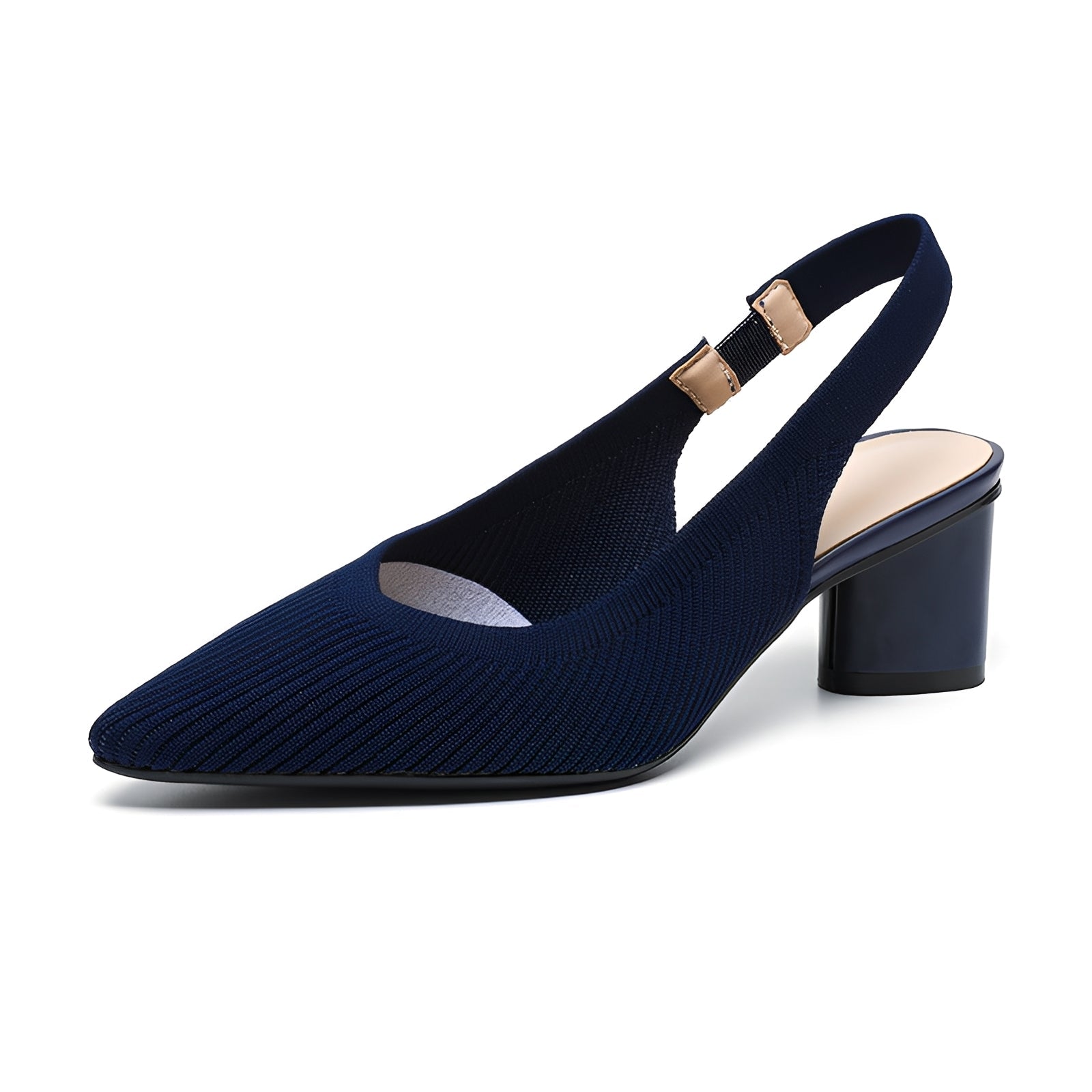 Navy blue slingback shoe on a white background