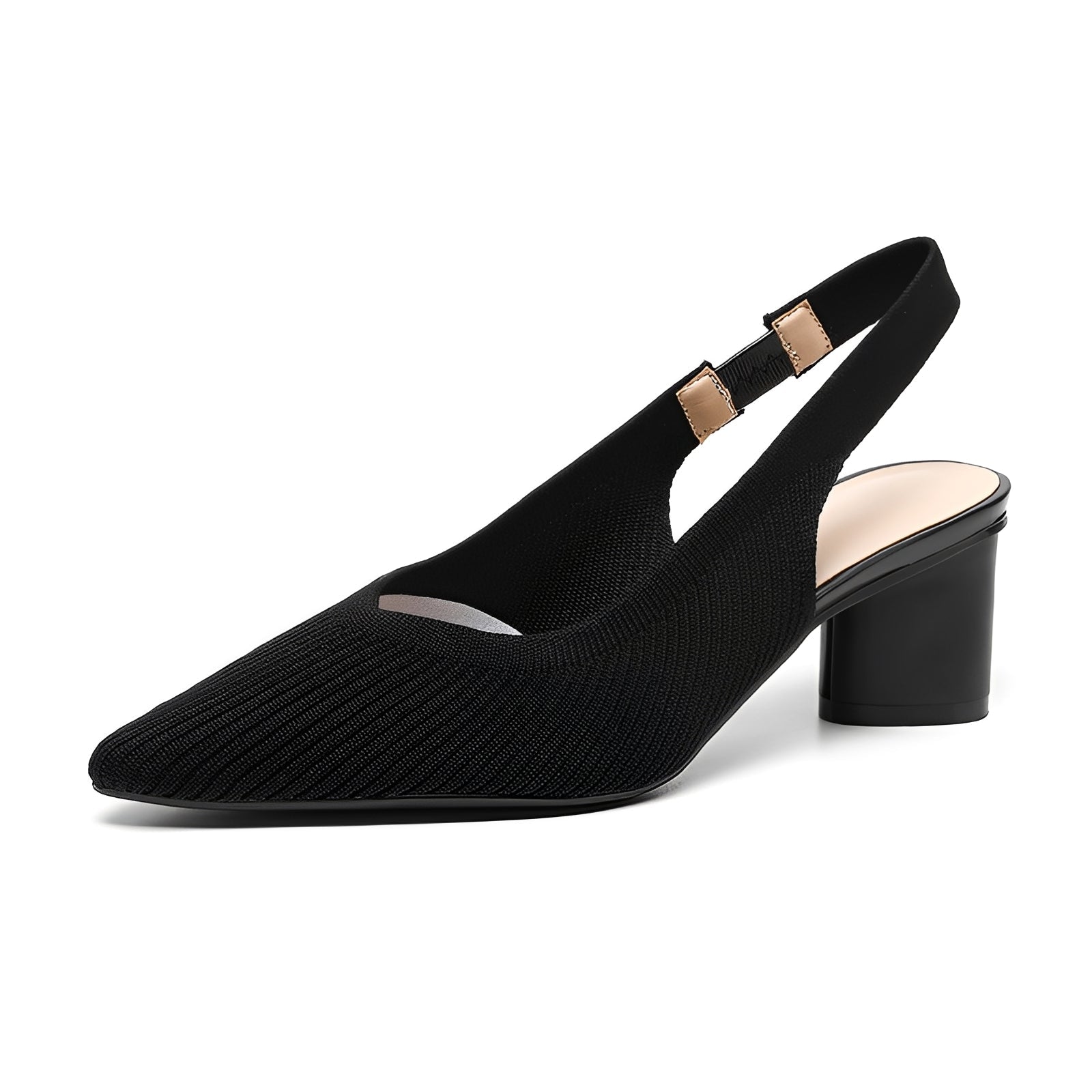 Black slingback shoe on a white background
