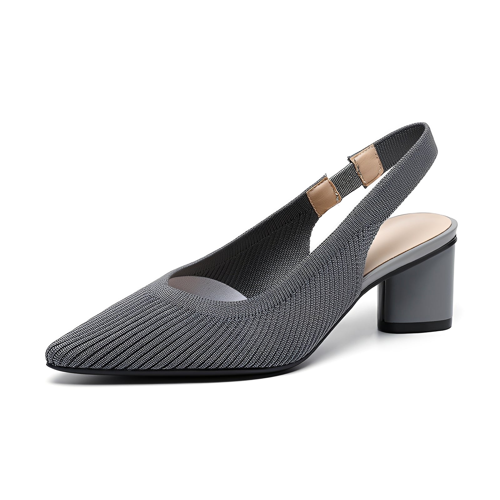 Gray heeled shoe with a slingback design on a white background