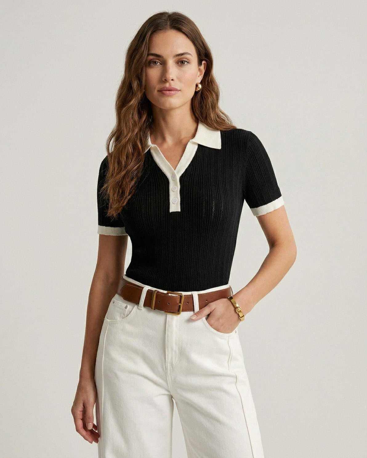 Damska Letnia Elegancka Dzianinowa Slim Fit Polo Koszulka