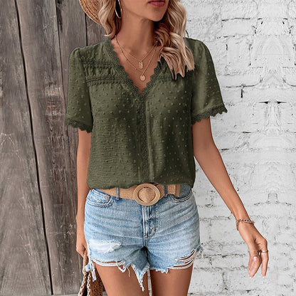 Damska Letnia Elegancka Koronkowa V Neck Bluzka