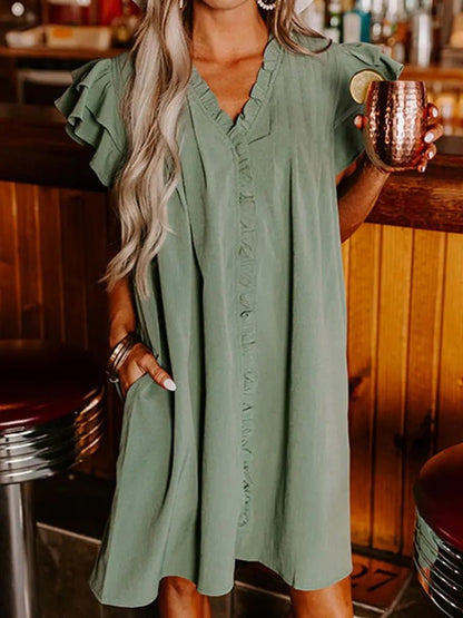 Damska Letnia Elegancka Luźna Falbany Sukienka