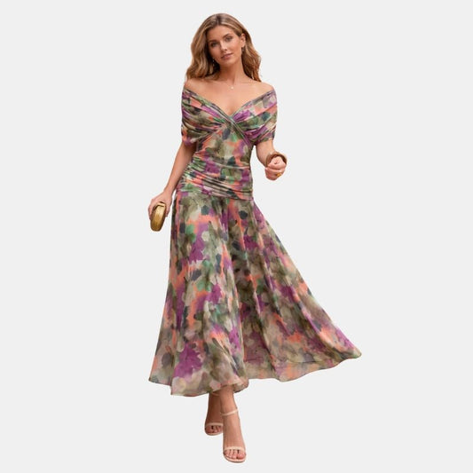 Damska Letnia Elegancka Off Shoulder Marszczona Maxi Sukienka