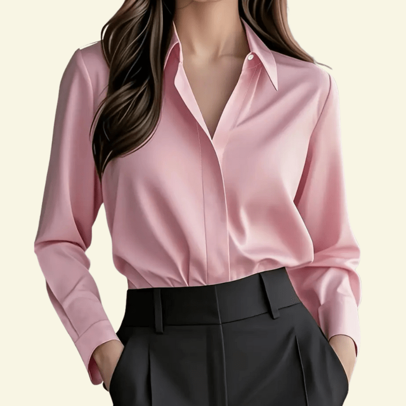 Pink blouse with long sleeves and black pants on a beige background