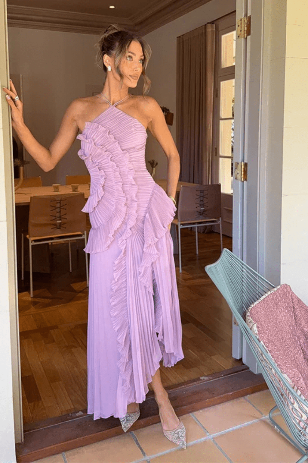 Damska Letnia Halter Falbany Odkryte Plecy Maxi Sukienka