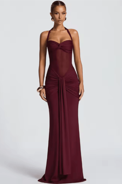 Damska Letnia Halter Marszczona Elegancka Maxi Sukienka