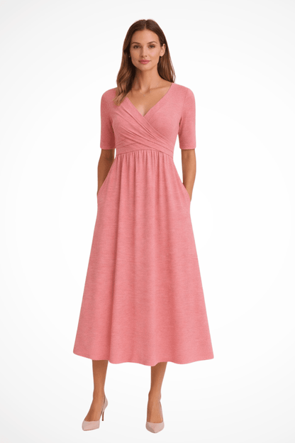 Damska Letnia Kopertowa Krótki Rękaw Casual Midi Sukienka