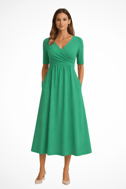 Damska Letnia Kopertowa Krótki Rękaw Casual Midi Sukienka