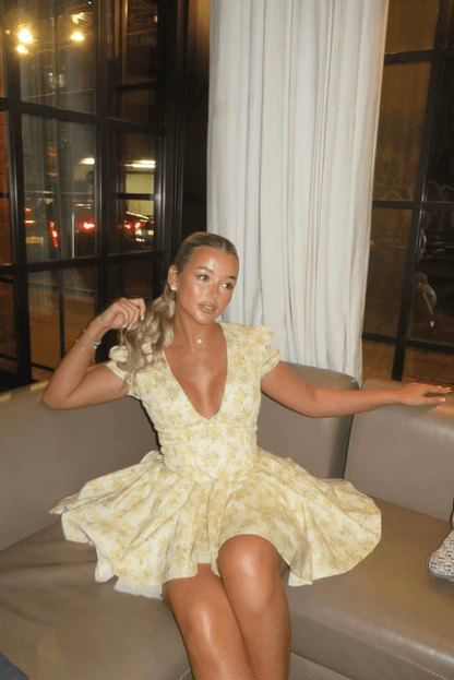 Damska Letnia Kwiatowa Bufiaste Rękawy Mini Sukienka