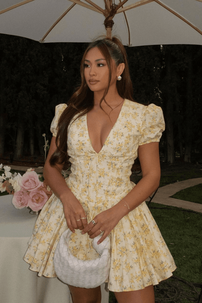 Damska Letnia Kwiatowa Bufiaste Rękawy Mini Sukienka