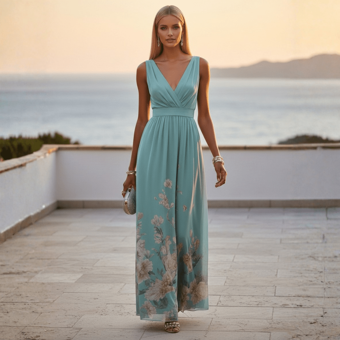 Damska Letnia Kwiatowa Dekolt V Elegancka Sukienka Maxi