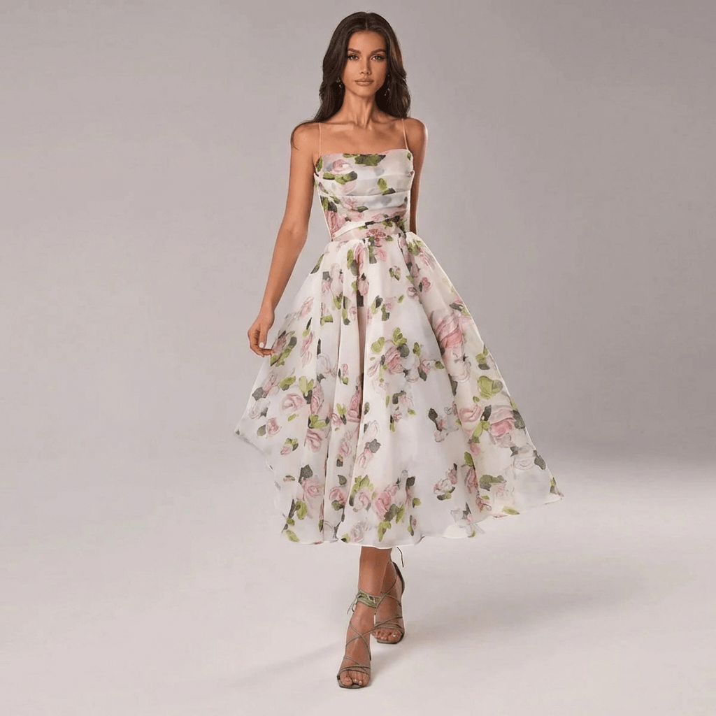 Damska Letnia Kwiatowa Na Ramiączkach Romantyczna Sukienka Midi