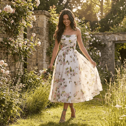 Damska Letnia Kwiatowa Na Ramiączkach Romantyczna Sukienka Midi