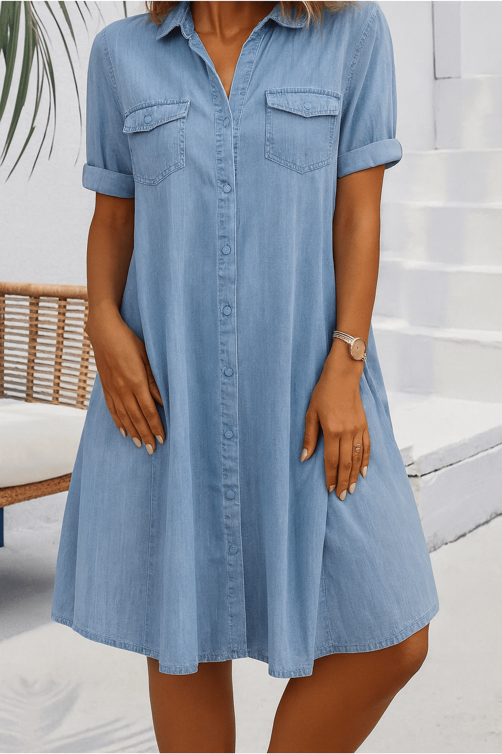 Woman wearing a light blue denim dress standing outdoors.