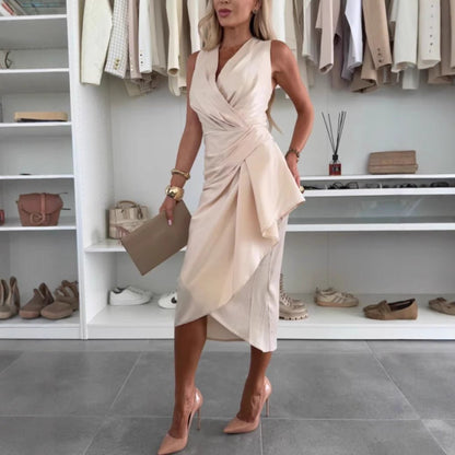 Damska Letnia Midi Sukienka z Dekoltem V i Drapowaniem Bez Rękawów