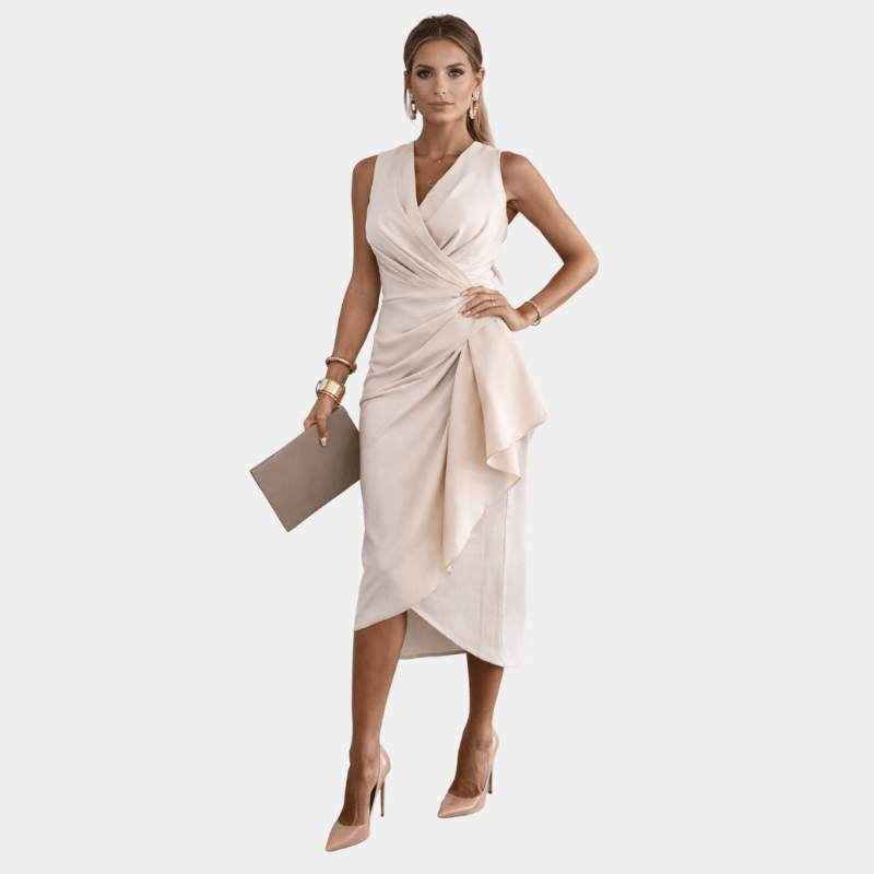 Damska Letnia Midi Sukienka z Dekoltem V i Drapowaniem Bez Rękawów