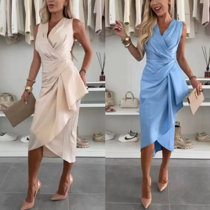 Damska Letnia Midi Sukienka z Dekoltem V i Drapowaniem Bez Rękawów