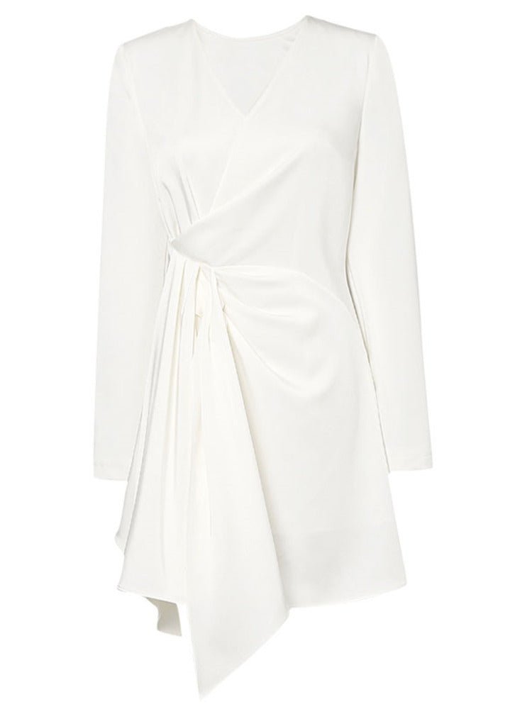 Damska Letnia Mini Dopasowana Sukienka z Dekoltem V Długi Rękaw