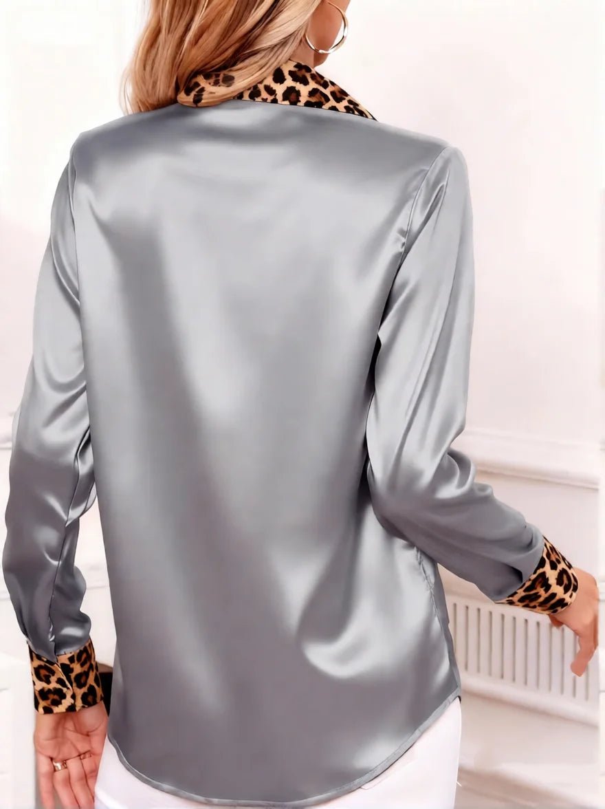 Damska Letnia Satynowa Bluzka z Kołnierzykiem w Panterkę