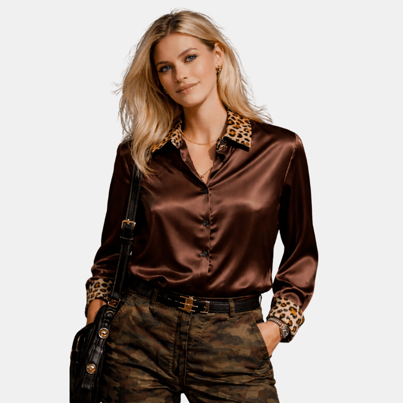 Damska Letnia Satynowa Bluzka z Kołnierzykiem w Panterkę