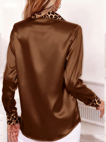 Damska Letnia Satynowa Bluzka z Kołnierzykiem w Panterkę