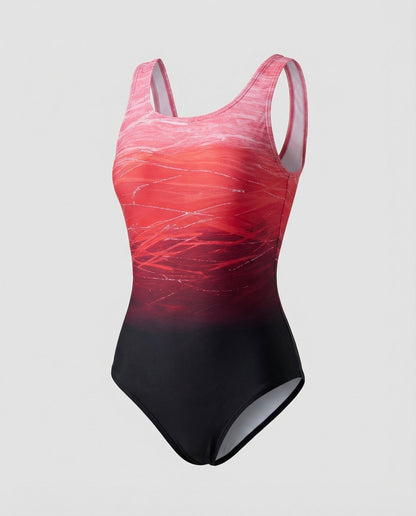 One-piece swimsuit with red and black gradient design on a light gray background