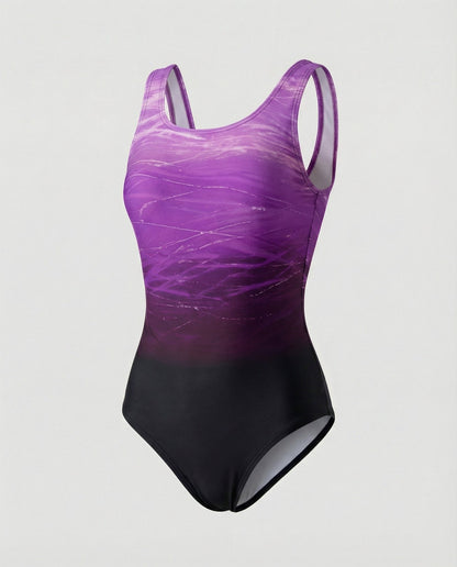 Purple and black swimsuit with a pattern on a light gray background