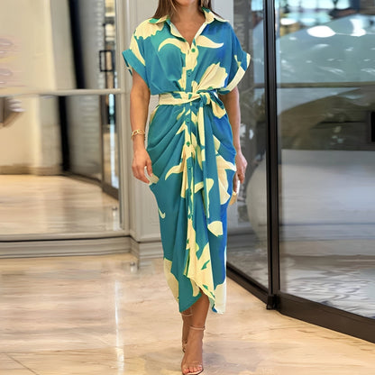 Damska Letnia Sukienka Midi Z Nadrukiem I Wiązaniem W Pasie