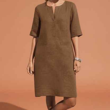 Damska Letnia Sukienka Shift z Lnu z Krótkim Rękawem