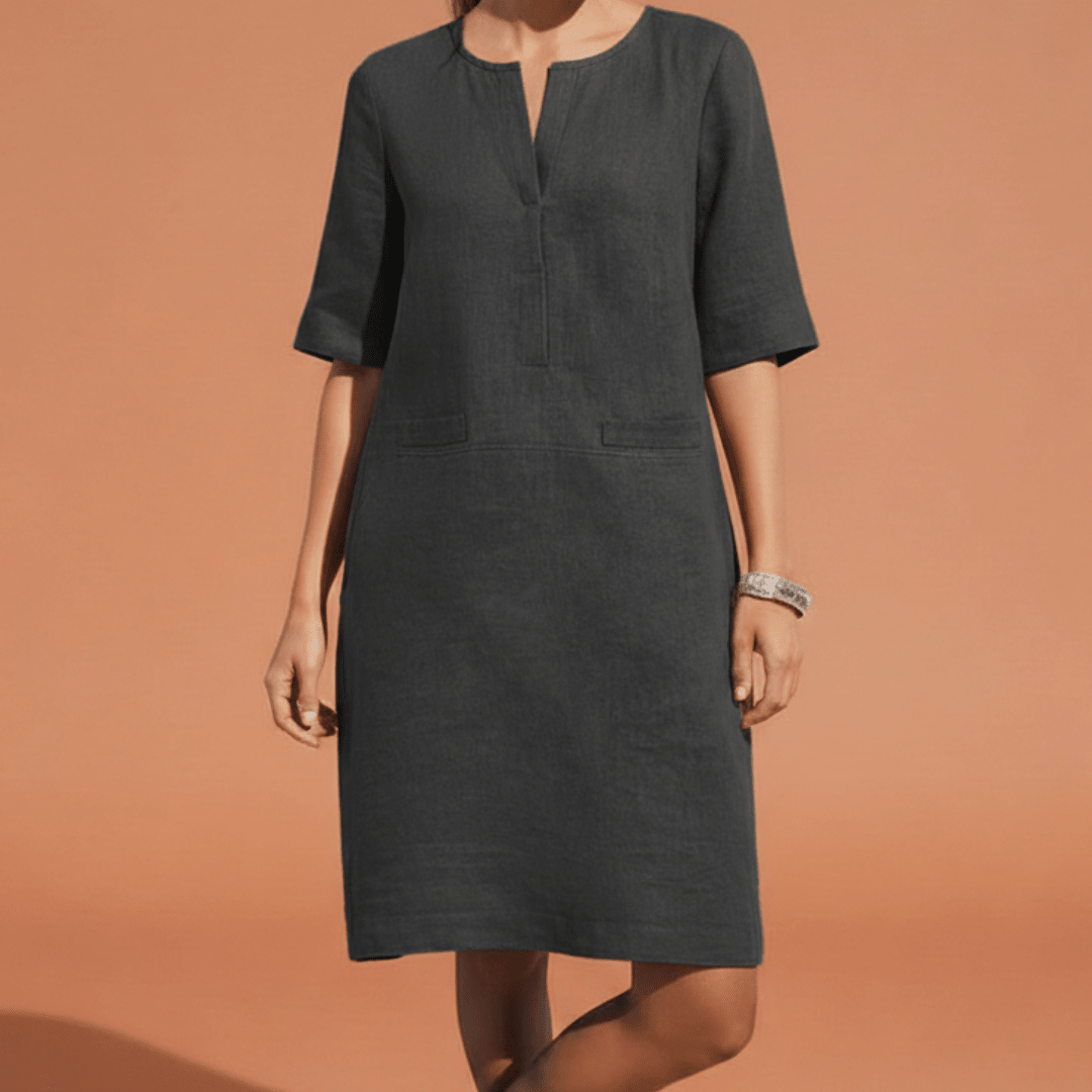 Damska Letnia Sukienka Shift z Lnu z Krótkim Rękawem
