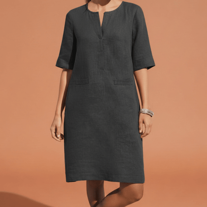 Damska Letnia Sukienka Shift z Lnu z Krótkim Rękawem