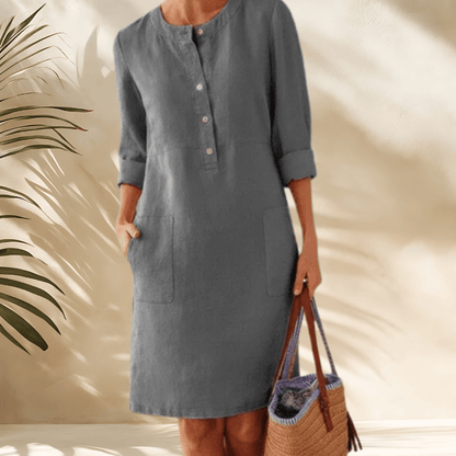 Damska Letnia Sukienka Tunika z Dekoltem Henley i Kieszeniami