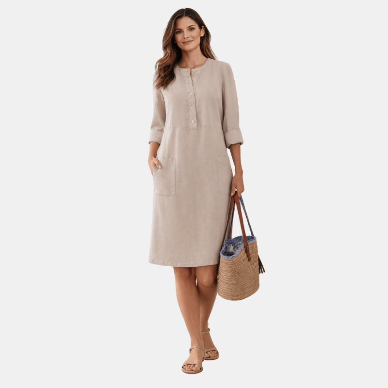 Damska Letnia Sukienka Tunika z Dekoltem Henley i Kieszeniami