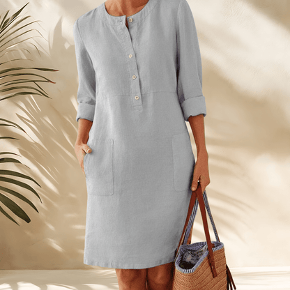 Damska Letnia Sukienka Tunika z Dekoltem Henley i Kieszeniami