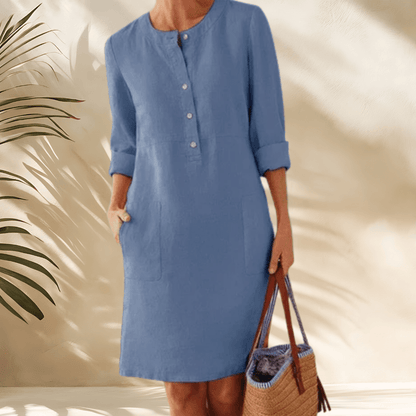 Damska Letnia Sukienka Tunika z Dekoltem Henley i Kieszeniami