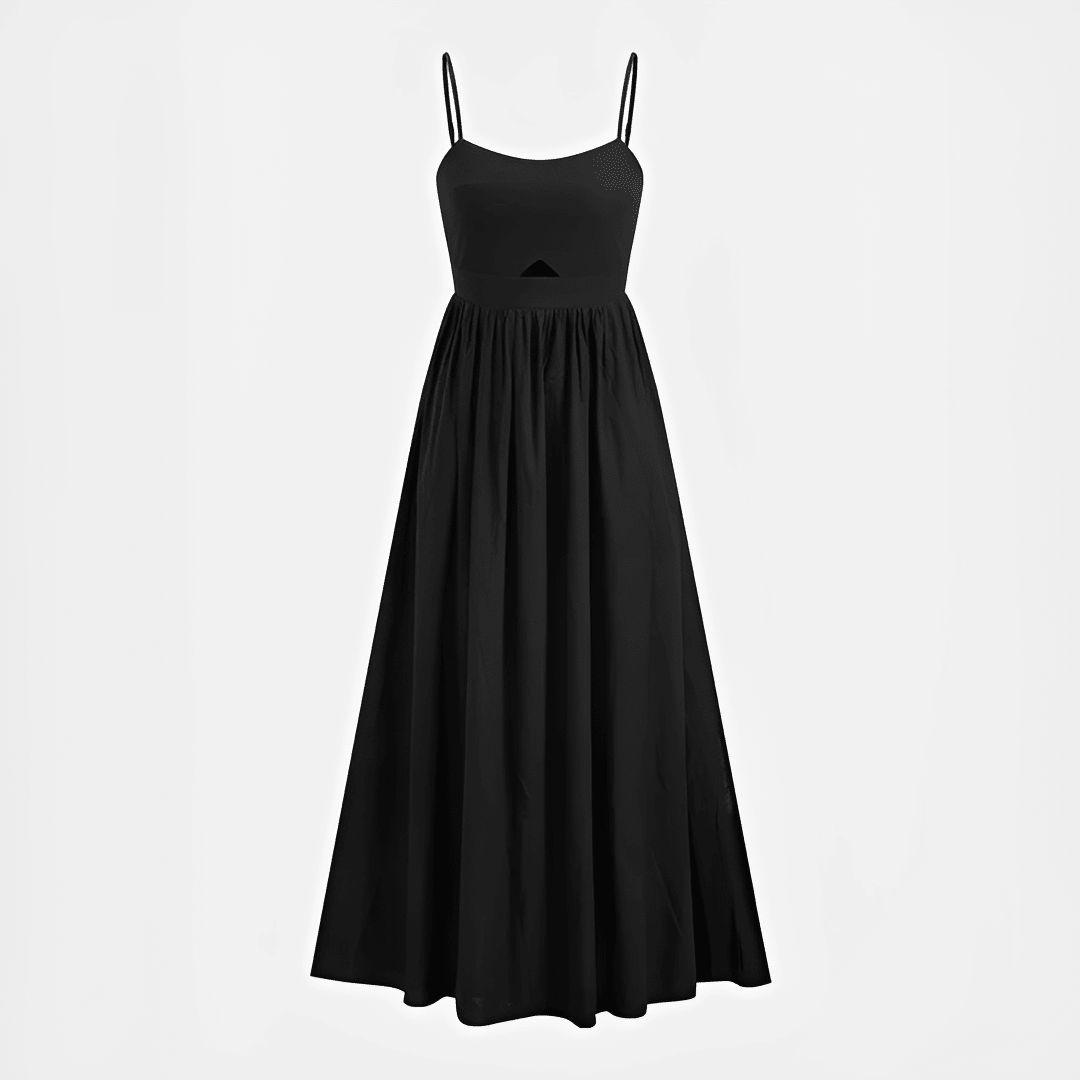 Black dress with thin straps on a light gray background