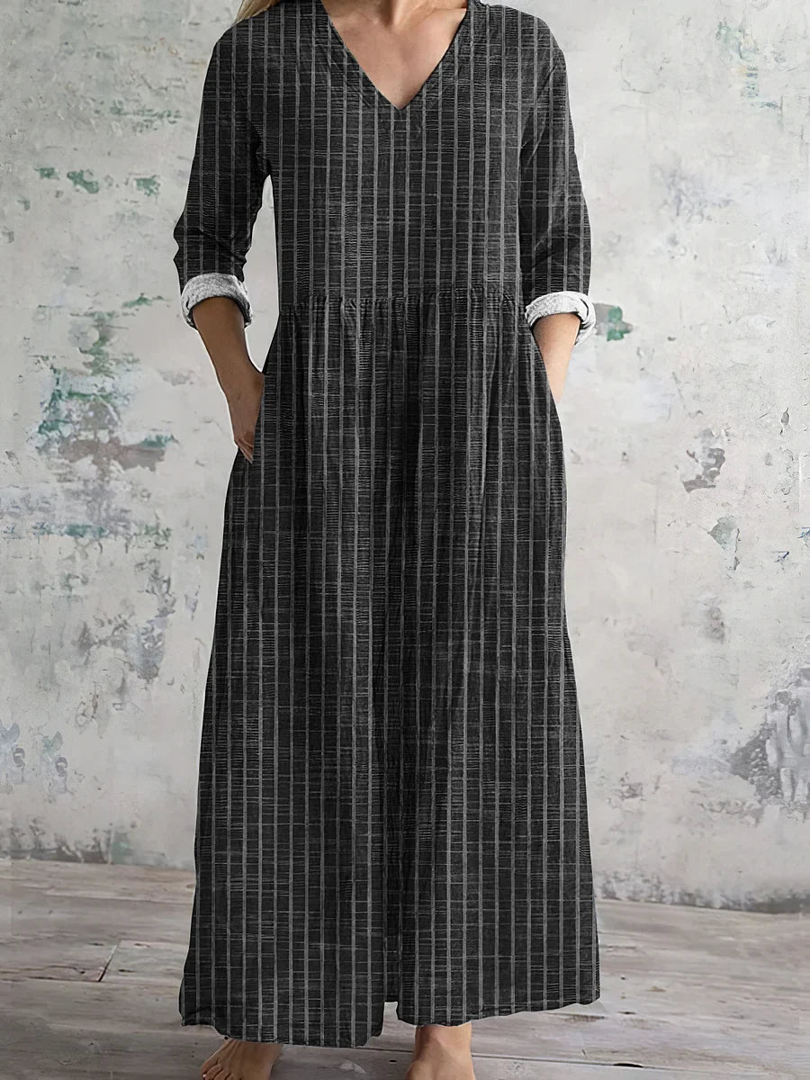 Damska Letnia Vintage Paski Lniana Maxi Sukienka