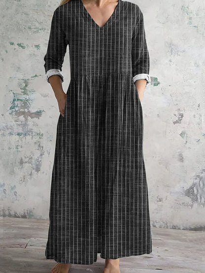 Damska Letnia Vintage Paski Lniana Maxi Sukienka