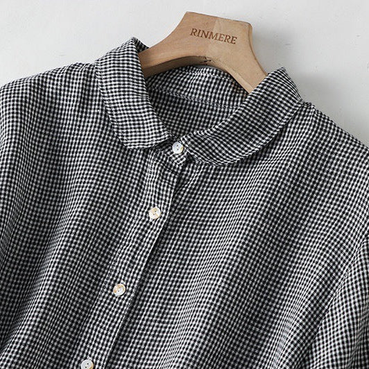 Damska Lniana Krata Guziki Casual Midi Sukienka