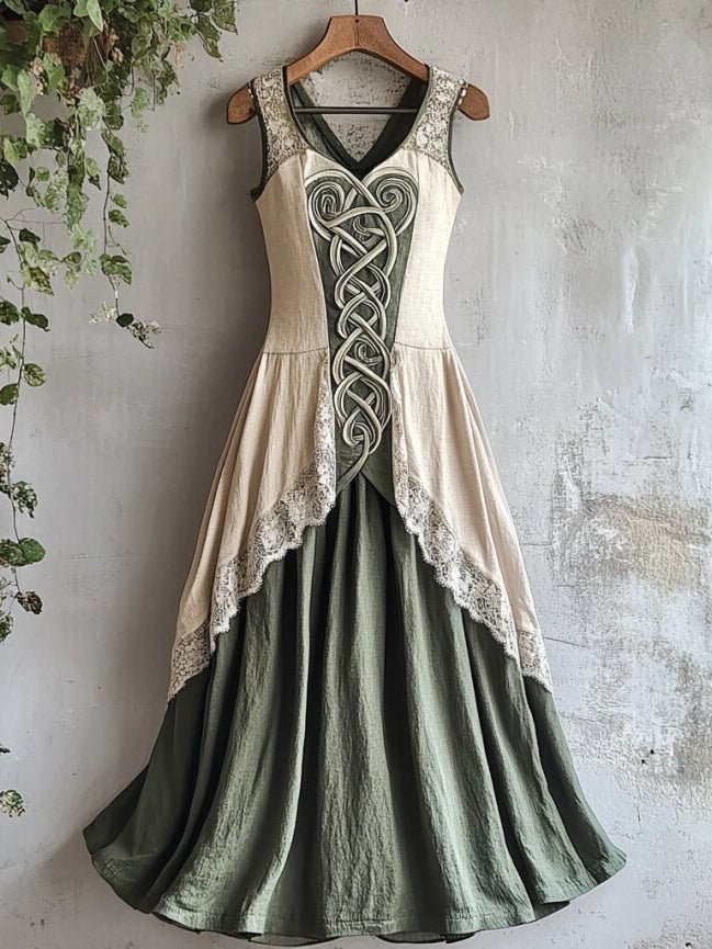 Damska Wikingowa Celtycki Węzeł Lniana Maxi Sukienka